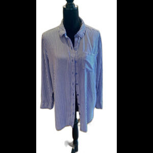 Grand & Greene Button Down Blouse Plus Size XL Blue White Stripes Collar Pocket